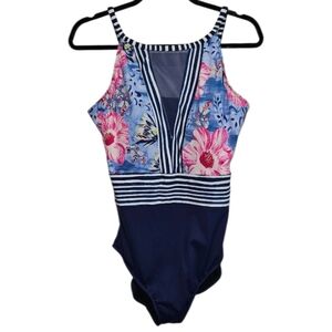 Chico's Swim One Piece Size 14 Swimsuit Bathing Suit Blue Floral Summer Beach